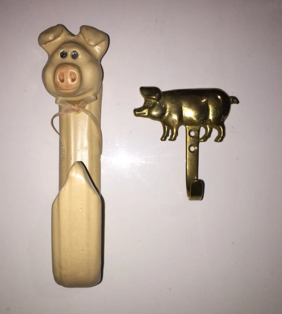Vintage Ceramic + Brass Pig Figure Wall Hooks Towel - Kitchen - Coat - Farmhouse
