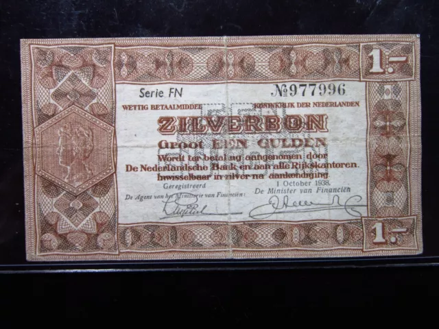 NETHERLANDS 1 Gulden 1938 P61 Zilverbon Dutch Nederlandsche Bank Money h7996