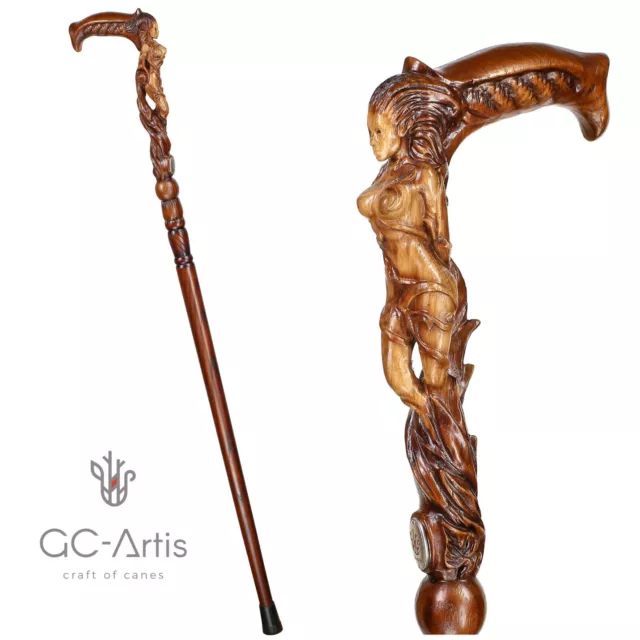 Wooden Walking Cane Stick Hand Carved Forest Fairy Girl Fantasy Magic Mystic