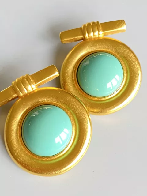 ben amun clip on earrings Triple Signed Cabochon Green Statement Minty condition