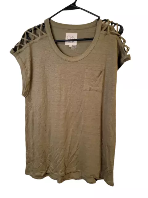 Chaser Size Medium Womens Top Army Green Shoulder Detail Shirt NWOT