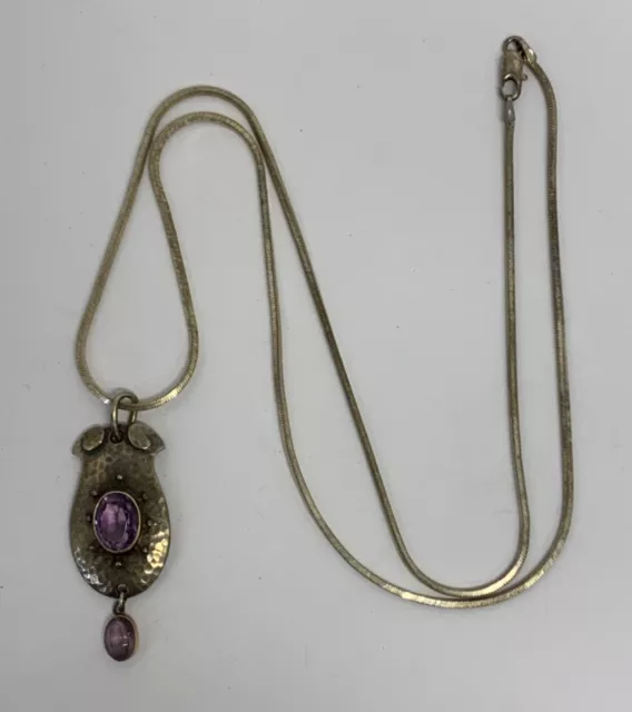 Sterling Silver Unique Hammered Amethyst Dangle Pendant w/ Square Snake Chain 22