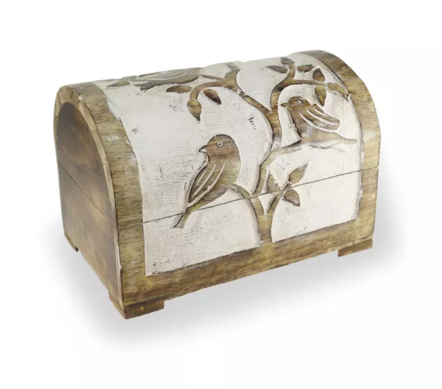 Budawi® Holztruhe Holzbox Holzkiste aus Mangoholz weiß gekalkt klein Motiv Vögel