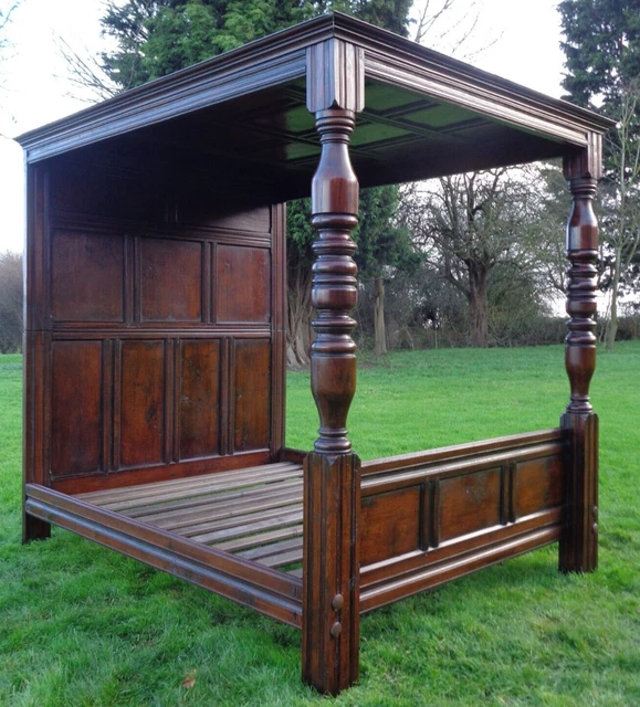VINTAGE OAK FOUR Poster Bed / King Size Antique Style 4 Poster Tester