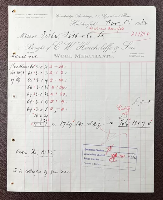 1932 C. W. Hinchcliffe, Wool Merchants, Upperhead Row, Huddersfield Invoice