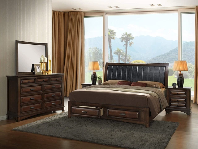 Broval 179 Light Espresso Finish Queen Storage Bed, Dresser, Mirror, 2 Night Sta