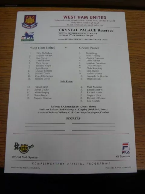 05/10/1999 West Ham United Reserves v Crystal Palace Reserves [At Leyton Orient]