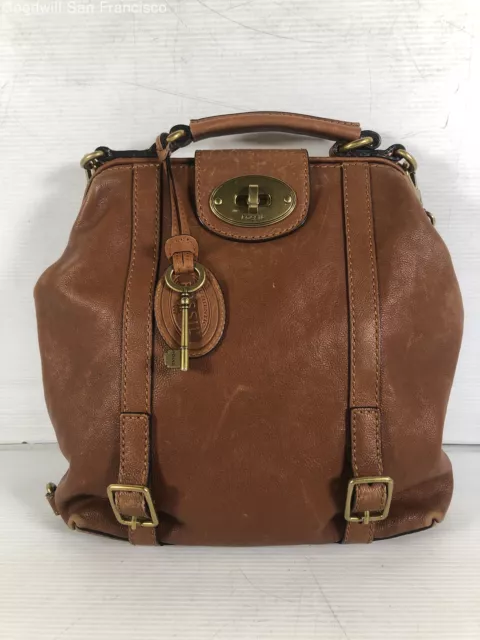 Fossil Womens Brown Leather Adjustable Crossbody Strap Medium Travel Backpack