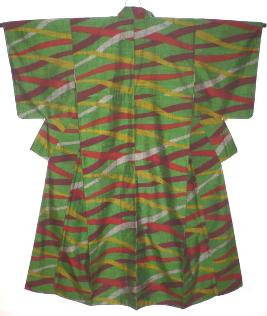 Autentico Kimono Lungo Inutilizzato Tessuto A Mano Verde Tsumugi Seta Giapponese Inutilizzato