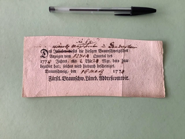 Germany Braunschweig 1774 postal note Ref A1568
