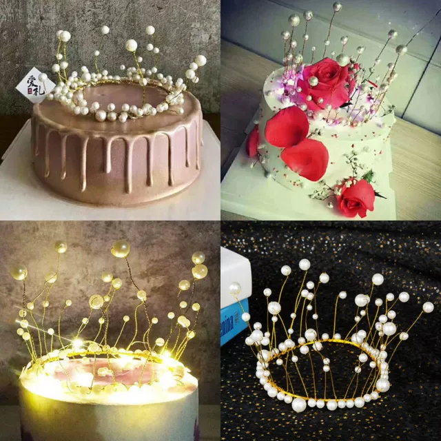 Tiara Crown Cake Topper Shiny Pearl Wedding Birthday Party Hat Cake Decor Prop
