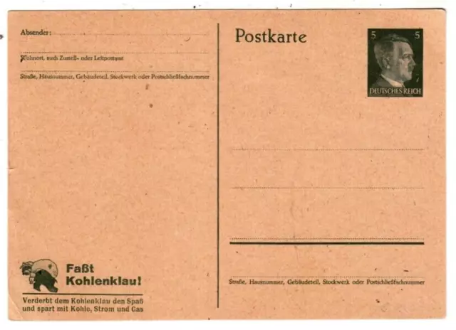 Deutsches Reich, 5 Pf. Ganzsache Postkarte, Zudruck "Faßt Kohlenklau", um 1940