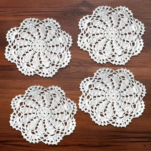 4Pcs White Vintage Hand Crochet Doilies Cotton Lace Doily Round Table Mats 15cm