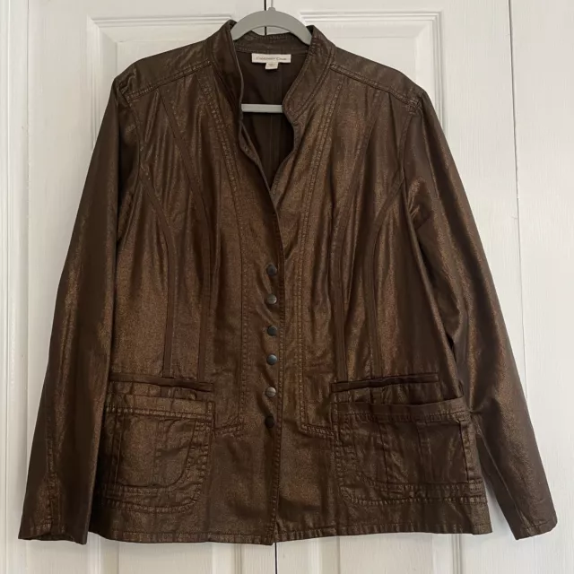 Coldwater Creek Sz 20 Brown Bronze Metallic Snap Front Jacket Pockets Blazer