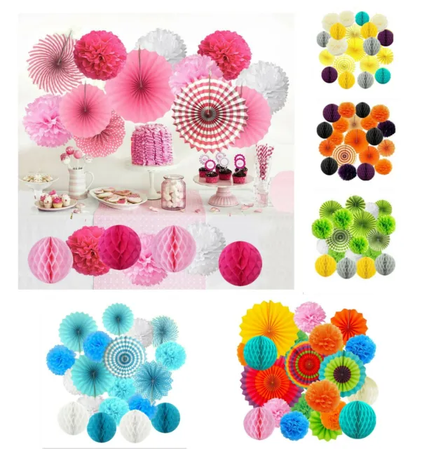 All-In-One Hanging Paper Fan Tissue Pom Poms Honeycomb Flower Ball Party Decor