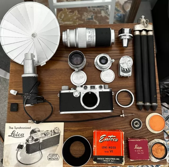 Leica IIIf Red Dial Self Timer 35mm Film Camera with Lenses and Accessories