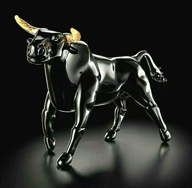 Cristal de Murano Original Venezia adorno Escultura Animal Toro Negro y Dorado