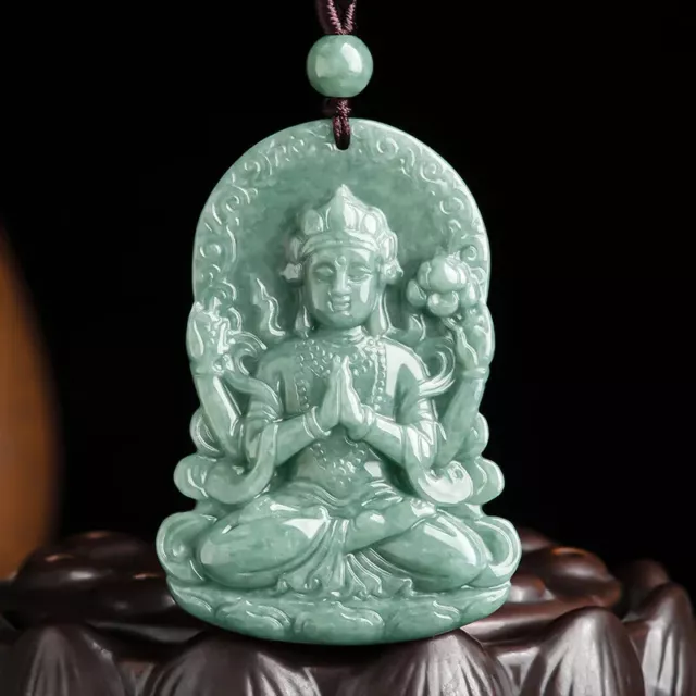 .Chinese Natural Jadeite Hand Carved Four armed Guanyin Pendant Statue Y77