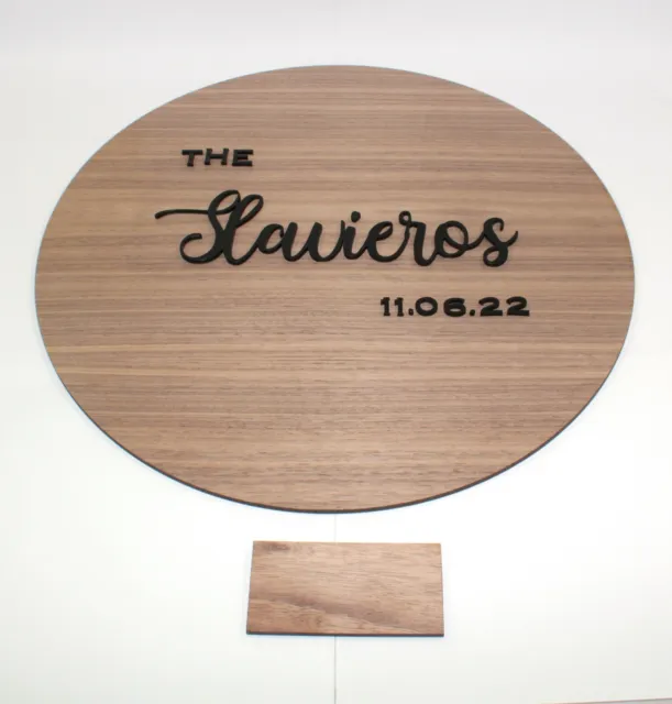 Wedding Sign Wooden Round Guest Book Walnut Personalised 60cm (600mm) Font 002