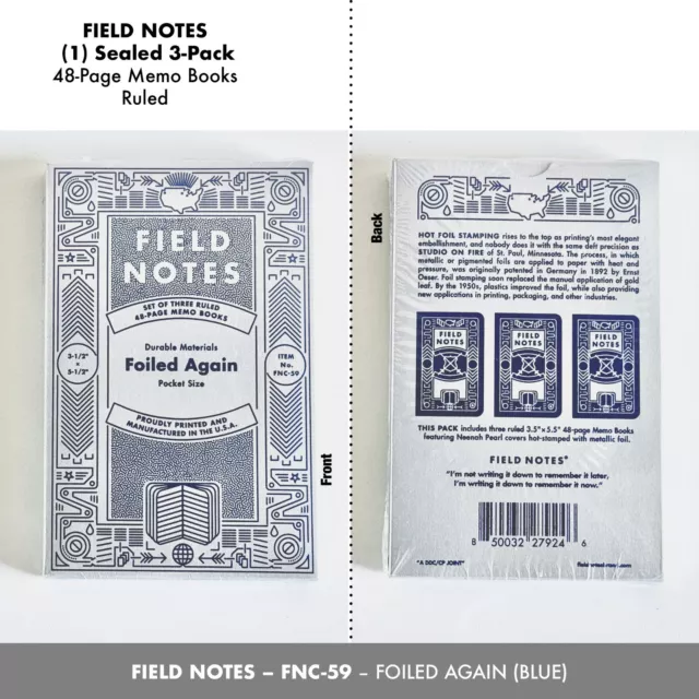 Field Notes Foiled Again Blue, Set of 3 Ruled Memo Books – FNC-59 (New - Sealed)