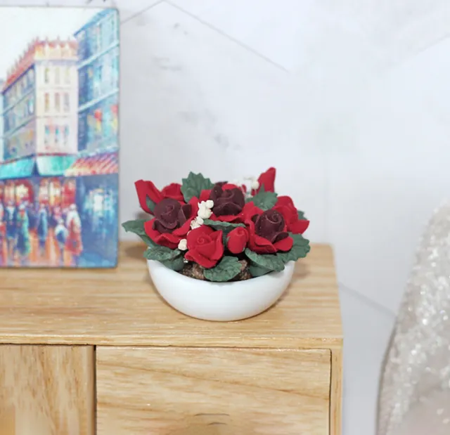 Accesorios para muebles con flores en maceta rosa en miniatura para casa de muñecas a escala 1:12