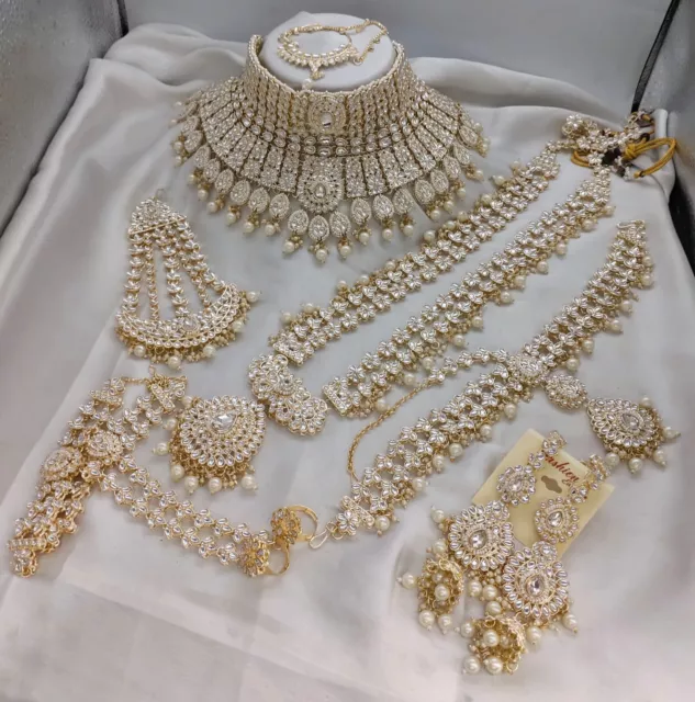 Gold Plated Indian Bollywood Style Kundan Pearl Necklace Bridal Jewelry Set