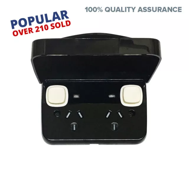 Weatherproof GPO Power Point DOUBLE POLE BLACK Double LID NEON IP65 EXTRA SAFE