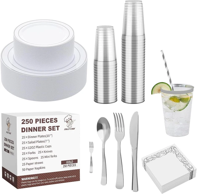 250 Count Disposable Silver Plastic Tableware Set - Plates Cups Cutlery Napkins