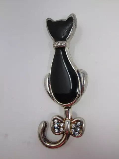 Vintage Best Black and Silver Cat with Wagging Tail Clear Rhinestones Brooch Pin