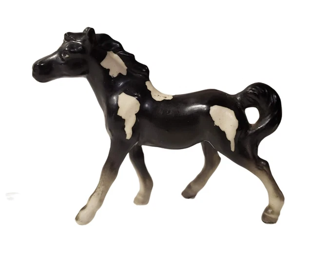 VINTAGE JAPAN BLACK White Pinto Paint Horse Miniature Figurine 26.39
