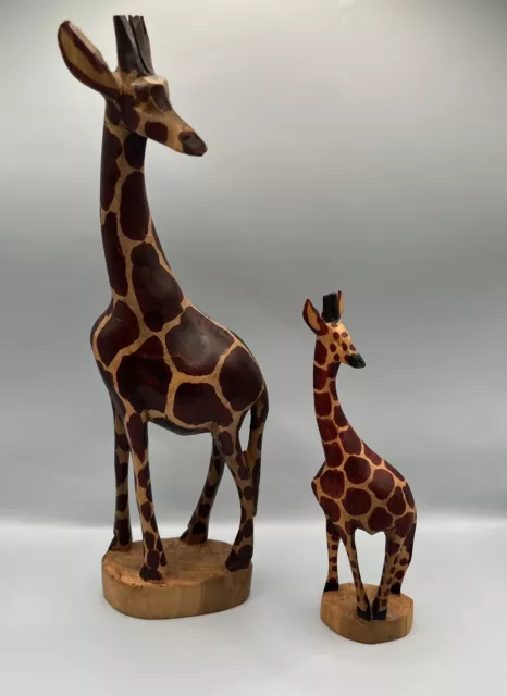 Hand Carved Wood Giraffe and Baby Safari Figurine  12” and 7”