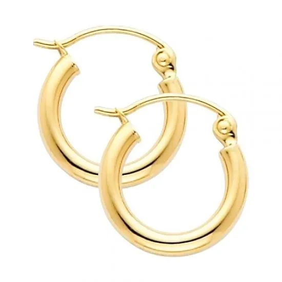14k Yellow Solid Gold Plain Polished Hoop Earrings Fancy Classic Aretes Oro 2 mm