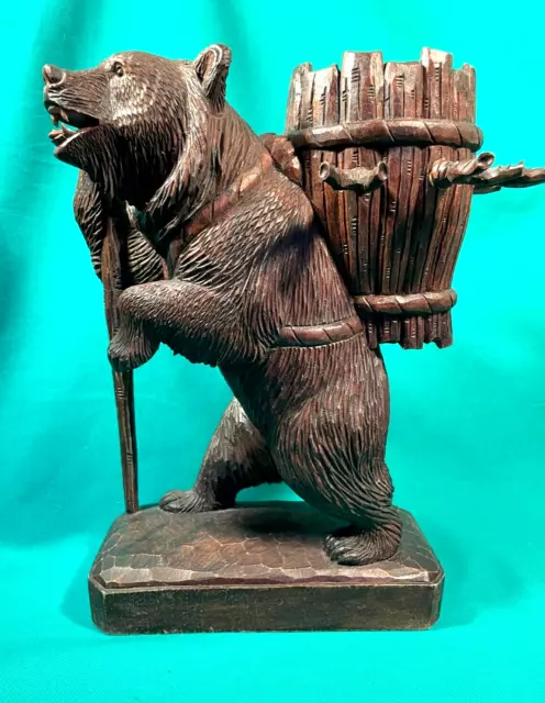 Early 1900's SWISS "BLACK FOREST" CARVED WOOD BEAR DECANTER HOLDER