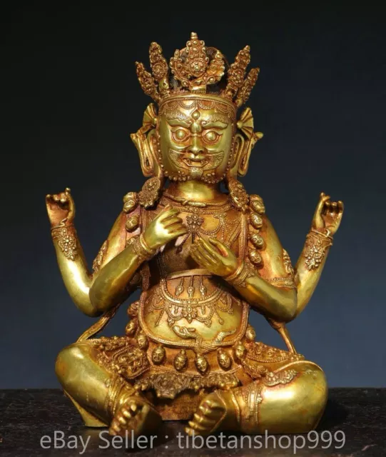10.8& OLD TIBET Copper Gild Buddhism Sit 4 Arm Mammon Wealth God Buddha ...