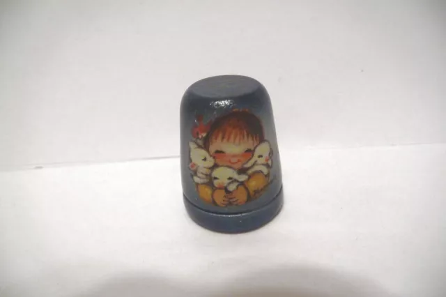 Thimble Vintage Blue Wood Anri Italy 1St Annual '80 Ltd Edgirl Holding Lambs