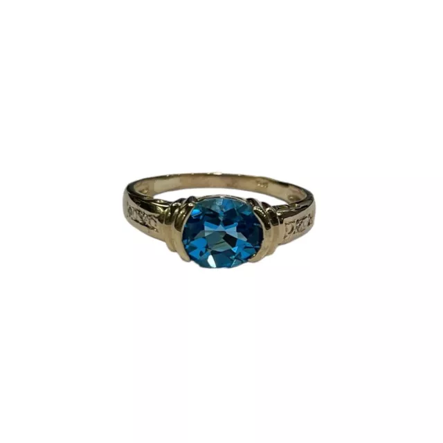 9ct 9K Yellow Gold Natural Blue Topaz And Diamond Ladies Ring Size W1/2. New