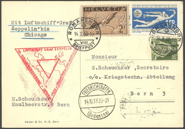 ZULEITUNGSPOST Schweiz: 1933, Chicagofahrt, Friedrichshafen-Chicago, Eckknitter