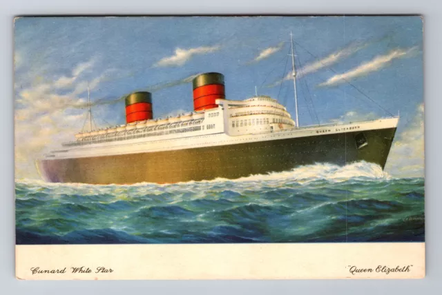 Cunard White Star, the Queen Elizabeth, Transportation, Antique Vintage Postcard