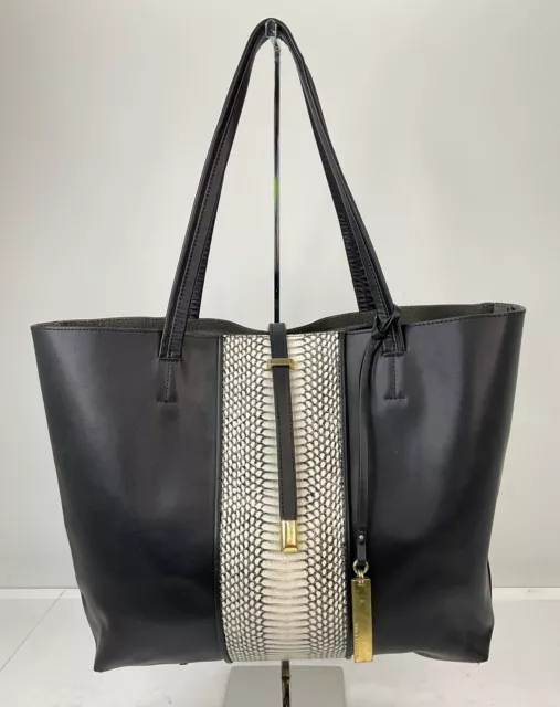 Vince Camuto Black White Leather Snake Embossed Trim Tote Handbag