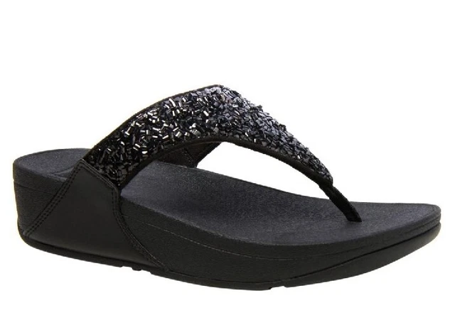 FitFlop Lulu Shimmer Foil Toe-Post Sandal-Black-Size US 11-EU 43-NEW In BOX