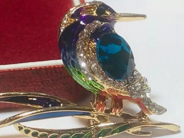 Beautiful Art Deco Style Crystal & Enamel Kingfisher Brooch Shawl Pin Jewellery