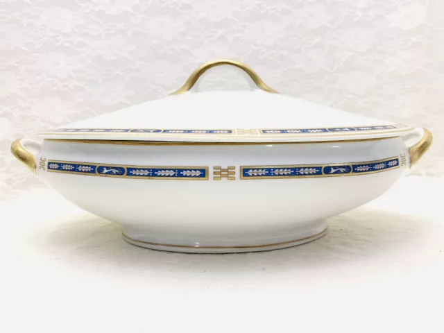 Syracuse China Mystic Serving Bowl With Lid Blue Gold Leaves 12” Wide Art Deco
