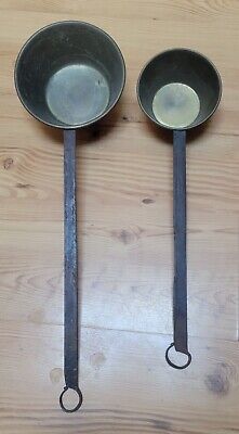 2 Antique Wrought Iron & Brass Cooking Pig Tail Water Dipper Ladle Primitive Set