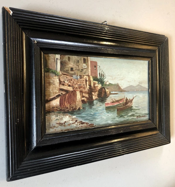 PICCOLO QUADRO OLIO MARINA BARCHE VEDUTA SOUVENIR di Napoli  Vesuvio GUILLOCHE'