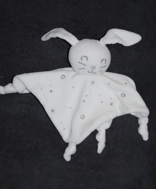 Doudou Plat lapin Blanc SIPLEC LECLERC Carré Motif Gris Etoiles 4 Nœuds TTBE