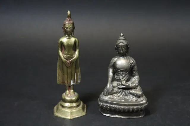 2x Gottheit Buddha Skukptur Bronze teilweise versilbert Südostasien (FI199)