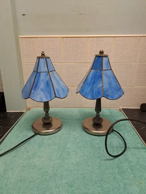 Pair of  Blue Glass Shades Tiffany Vintage Style Table Lamps