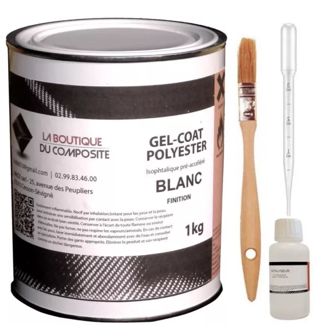 GEL COAT BLANC POLYESTER ISO. MARINE. 1kg. + catalyseur + pipette + pinceau.