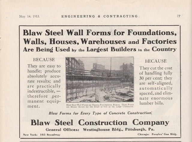 1913 Blaw Steel Construction Co Pittsburgh PA Ad: Boston MA Theatre Foundations