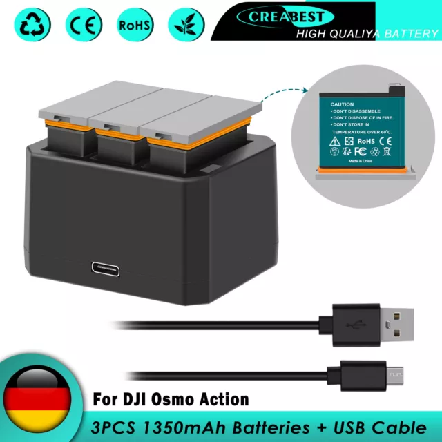 3x Akku 1350mAh für DJI Osmo Action Kamera AB1, P01, PT1 + 3-fach USB-Ladegerät